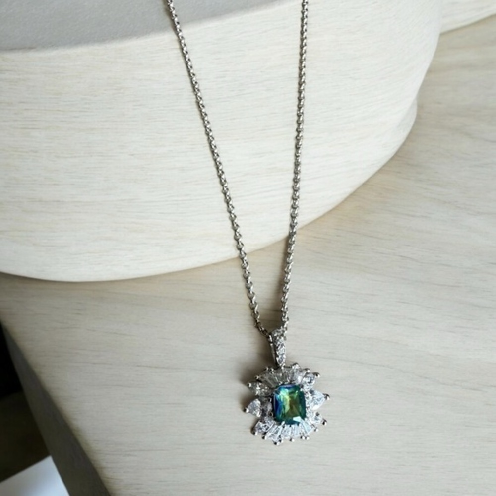 Bomb Party BP Green and Blue Stone and CZ Necklace - Rhodium Plated